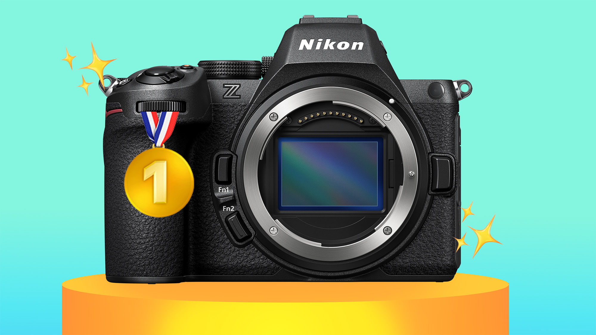 Nikon Z5 II on a podium with a gold medal and sparkles on a blue to green gradient 