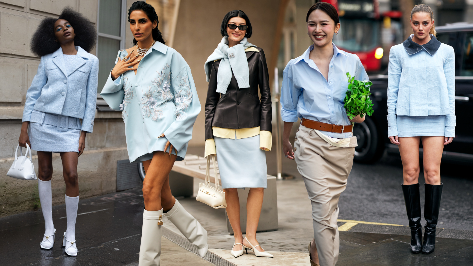 collage of fashion week attendees wearing spring cool blue color trend