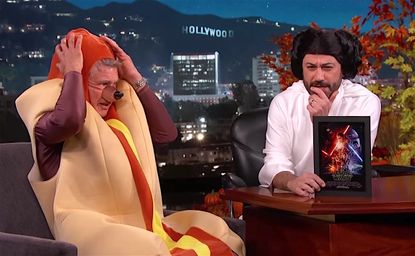 Harrison Ford is dressed up as a hot dog, not talking about the new Star Wars movie