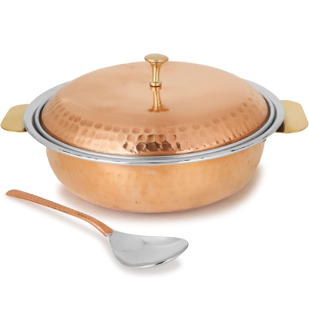  Traditional Indian Serveware Donga Serving Bowl Terrine Hammered Copper with Lid and Spoon