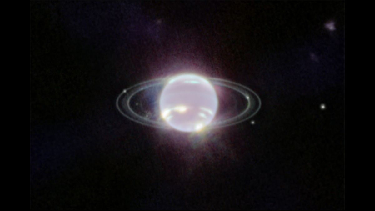 An infrared image of Neptune showing its glowing body and orbiting rings. Taken by JWST.