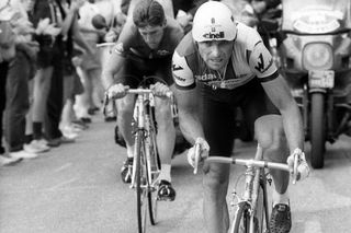 Even back in 1985, riders at least had the idea that aerodynamics mattered. Here, Bernard Hinault - wearing a pseudo-aero helmet - rides past Sean Kelly during an individual time trial.