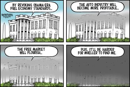 Political cartoon U.S. fuel standards pollution Obama auto industry free market Mueller Trump Russia investigation