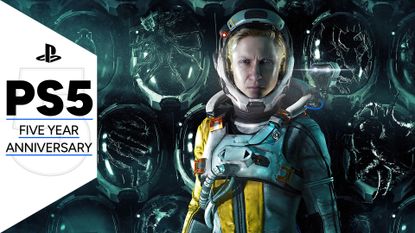 Selene stands in front of lots of cracked space suit helmets much like her own in the key art for Returnal, with the PS5 5 year anniversary tag on the left