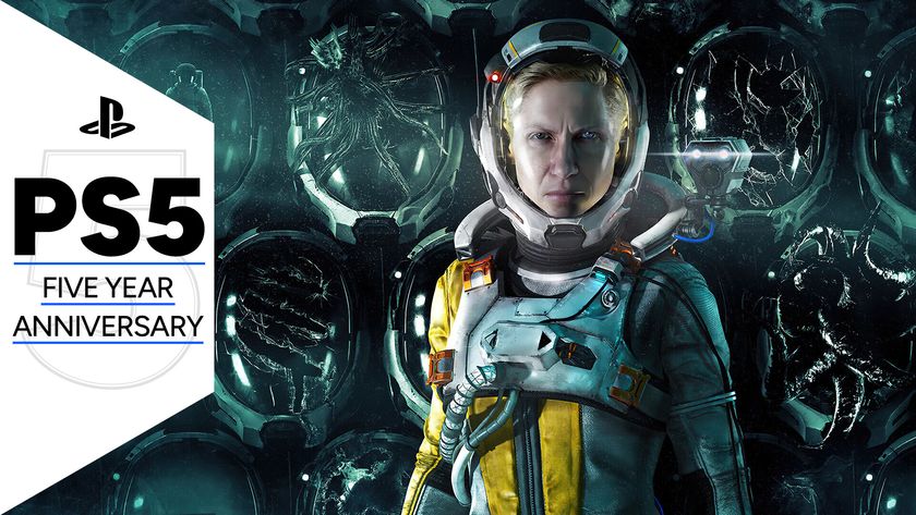 Selene stands in front of lots of cracked space suit helmets much like her own in the key art for Returnal, with the PS5 5 year anniversary tag on the left