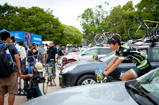 Riders warming up just before kicking off the Tour of Japan 2013 in Sakai, Osaka prefecture