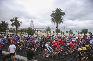 The peloton rolls out for the first edition of the Cadel Evans Great Ocean Road Race in Geelong