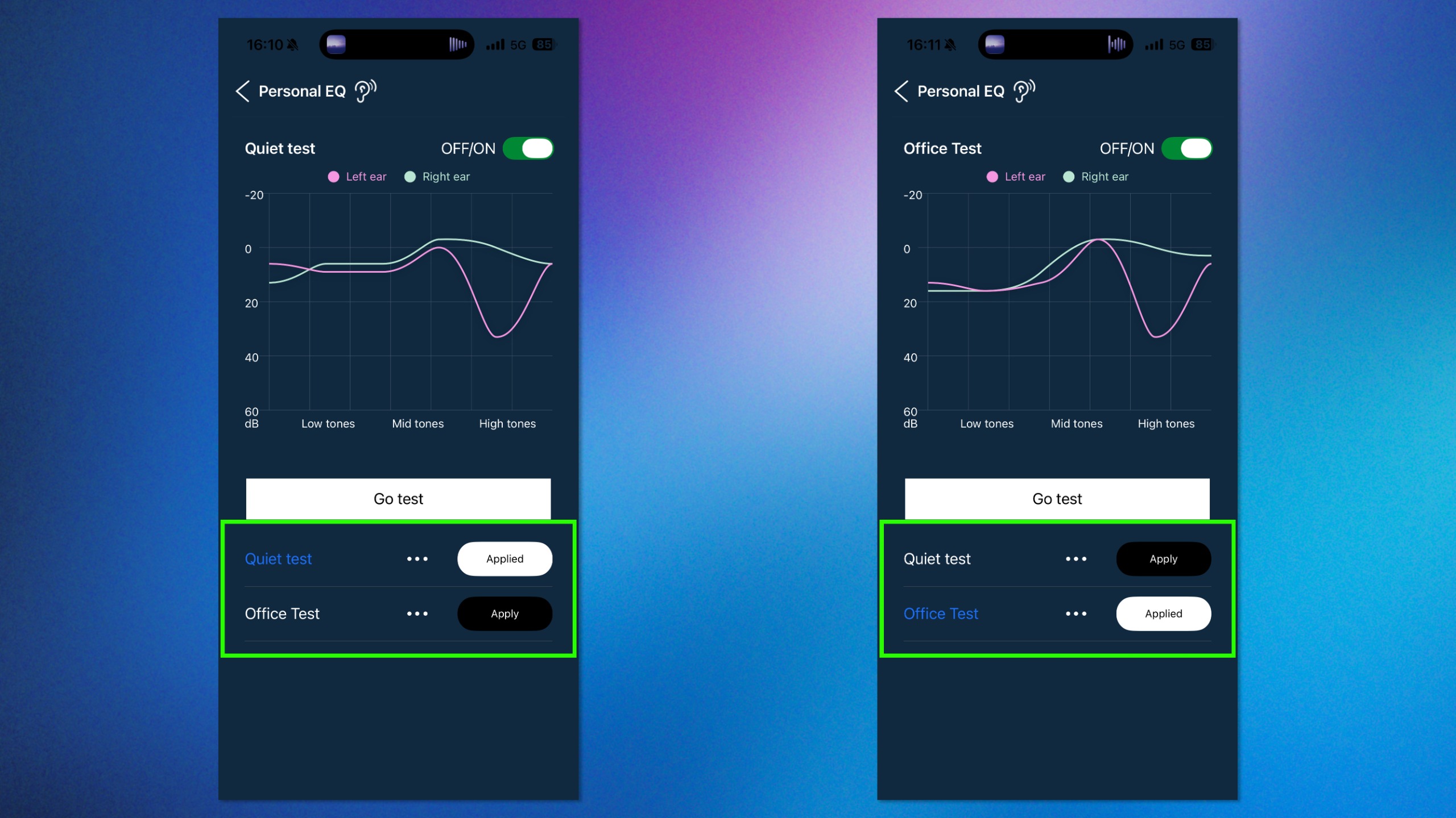 Two screenshots of the Noble Audio FoKus mobile app showing two sets of different custom EQs.