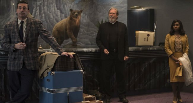 Jon Hamm Jeff Bridges Cynthia Erivo in the El Royale Lobby Bad Times At The El Royale