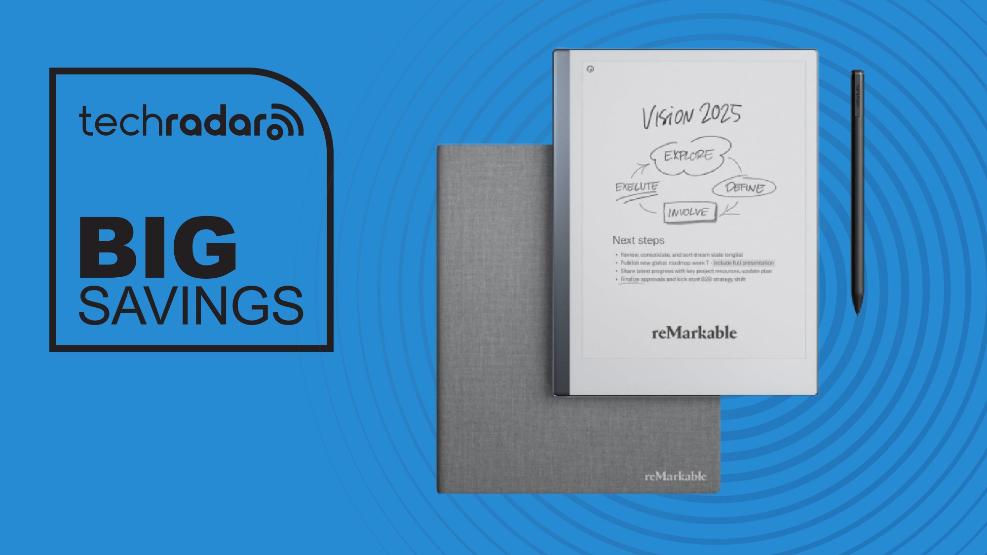 A reMarkable 2 tablet, marker, and case on a blue background next to a TechRadar badge that reads 'Big Savings'