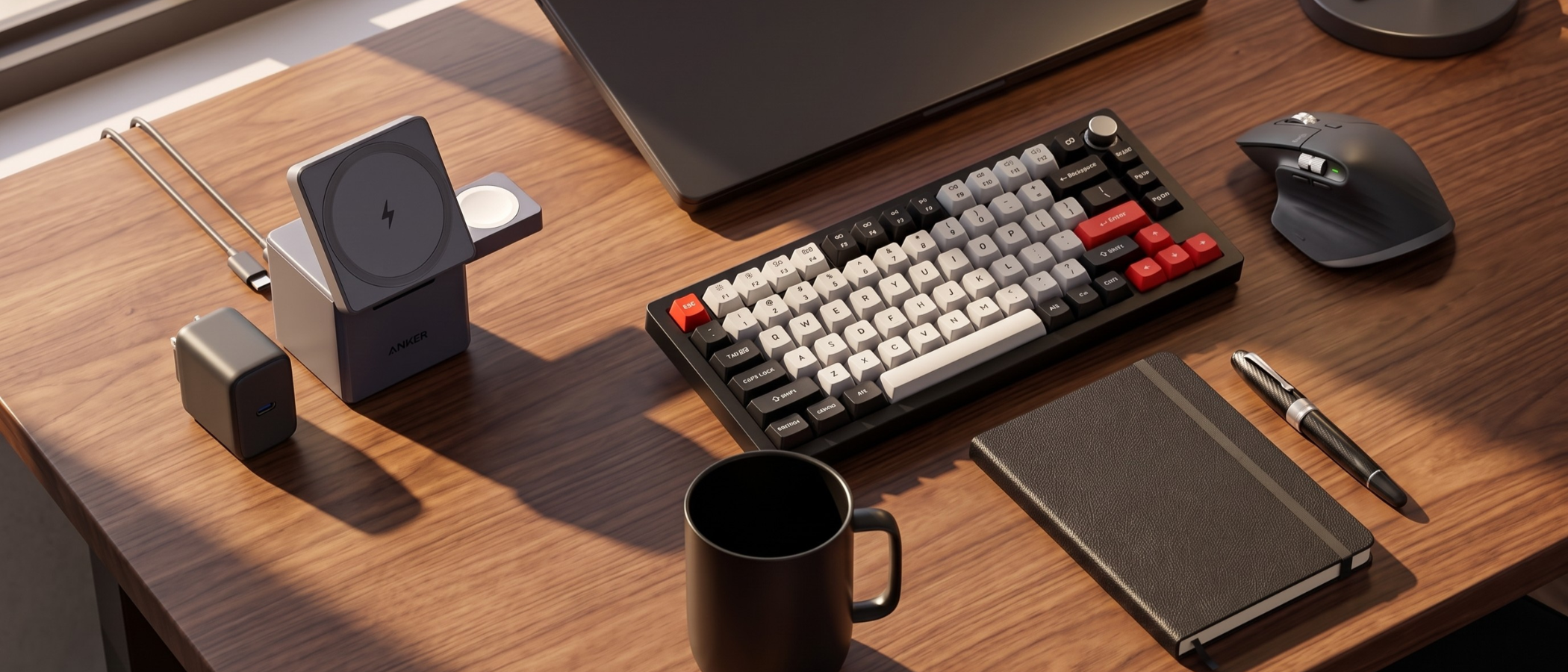 A selection of high-end desk accessories in a modern, premium workspace