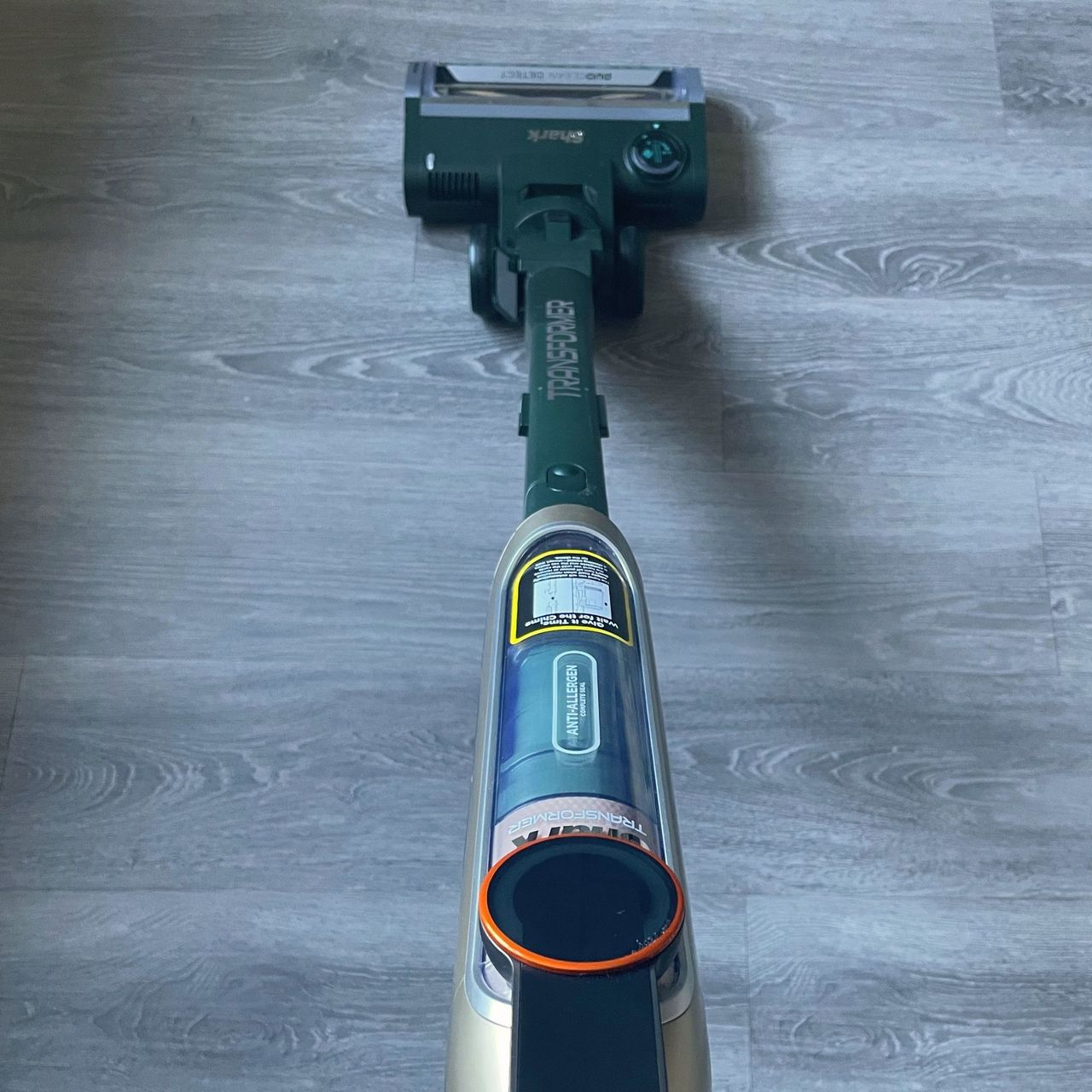 Shark PowerDetect Transformer Corded Upright Vacuum Cleaner in stick mode cleaning grey flooring
