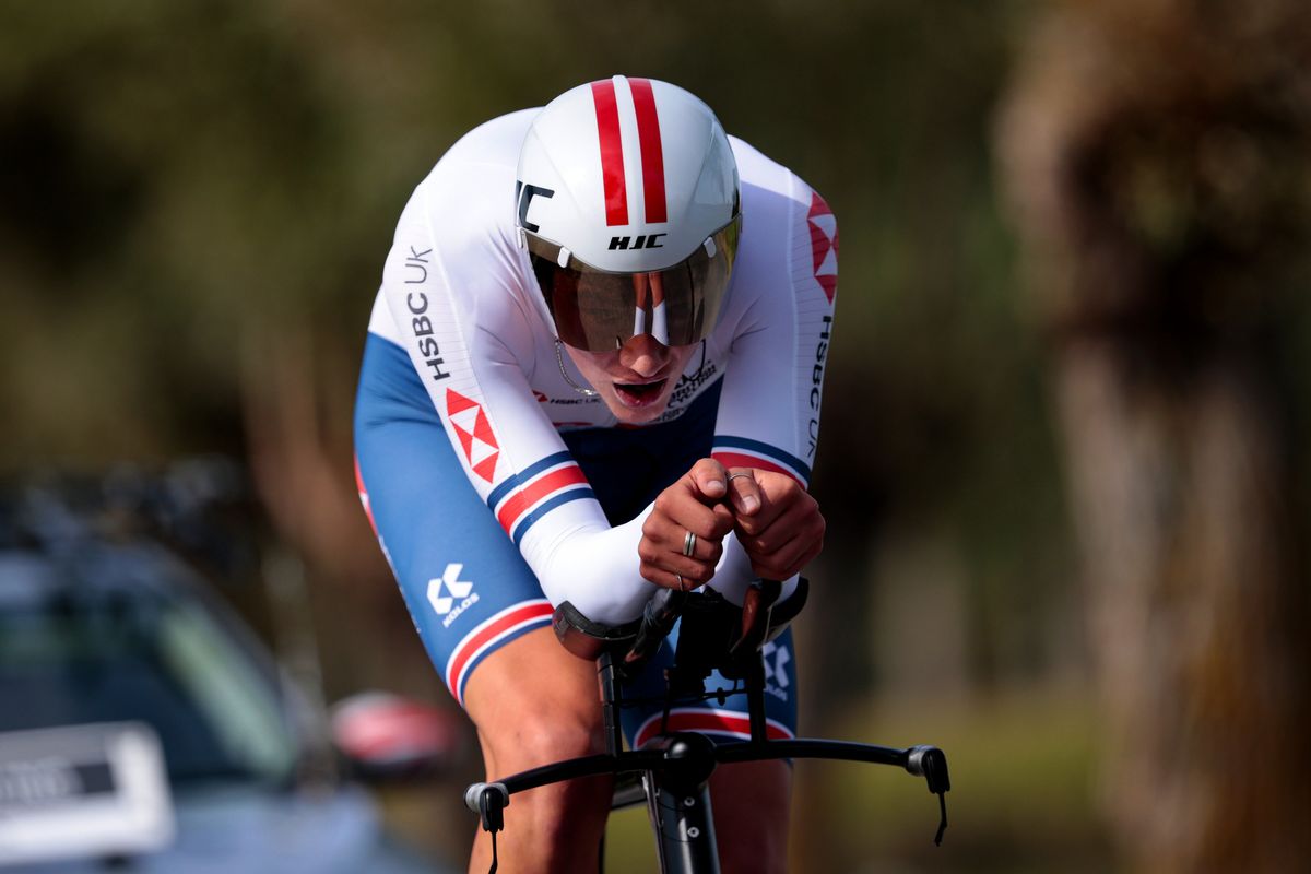 Joshua Tarling (Great Britain) on Flanders course during men&#039;s junior time trial at 2021 UCI Road World Championships