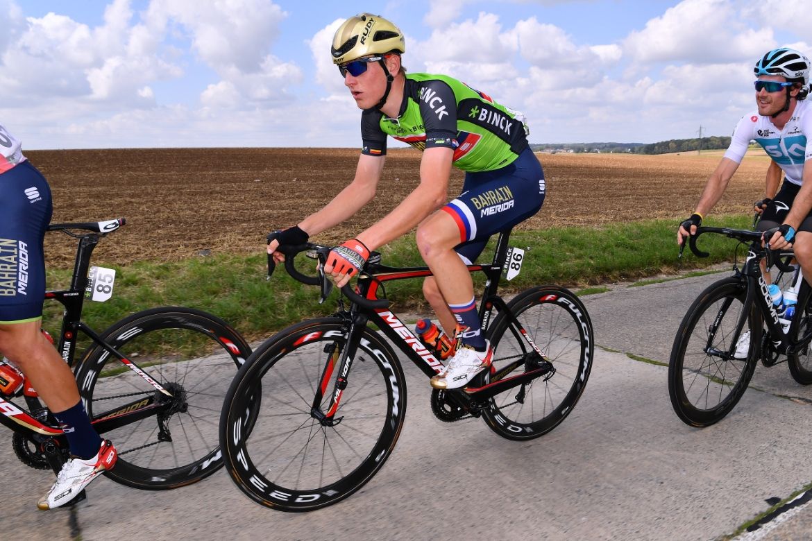 Matej Mohoric (Bahrain-Merida) in the leader's jersey