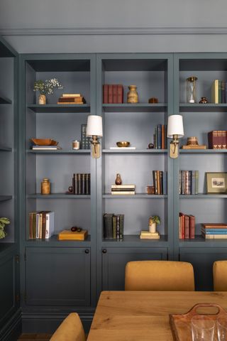 A large bookcase painted blue