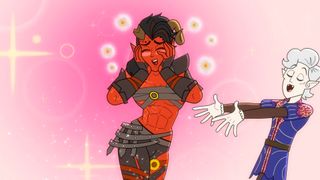 Cartoon versions of Karlach and Astarion dance adorably