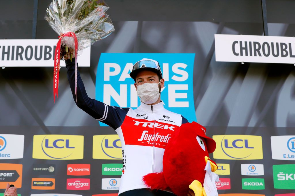 CHIROUBLES FRANCE MARCH 10 Podium Julien Bernard of France and Team Trek Segafredo Most Combative Rider Celebration during the 79th Paris Nice 2021 Stage 4 a 1875km stage from ChalonSurSane to Chiroubles 702m Flowers Mask Covid safety measures Mask ParisNice on March 10 2021 in Chiroubles France Photo by Bas CzerwinskiGetty Images