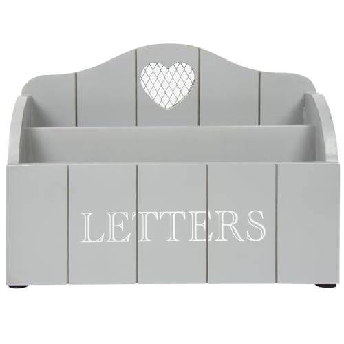 Grey Letter Rack With Contrasting White Letters Wording and Cutout Heart Detail, Twin Compartment Decorative Mail Organiser (grey)