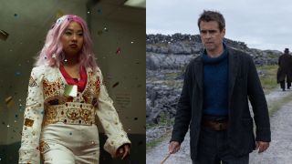 From left to right: Stephanie Hsu in Everything Everywhere All at Once and Colin Farrell in The Banshees of Inisherin