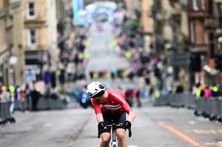 2023 UCI Cycling World Championships, Men's Junior Road Race, Glasgow, Lanarkshire, Scotland - Denmark's Albert Philipsen leads the race.