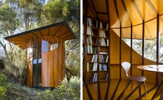 Left, exterior view of Tree Top Studio, right, interior view of the studio by Max Pritchard Gunner Architects, Adelaide, Australia