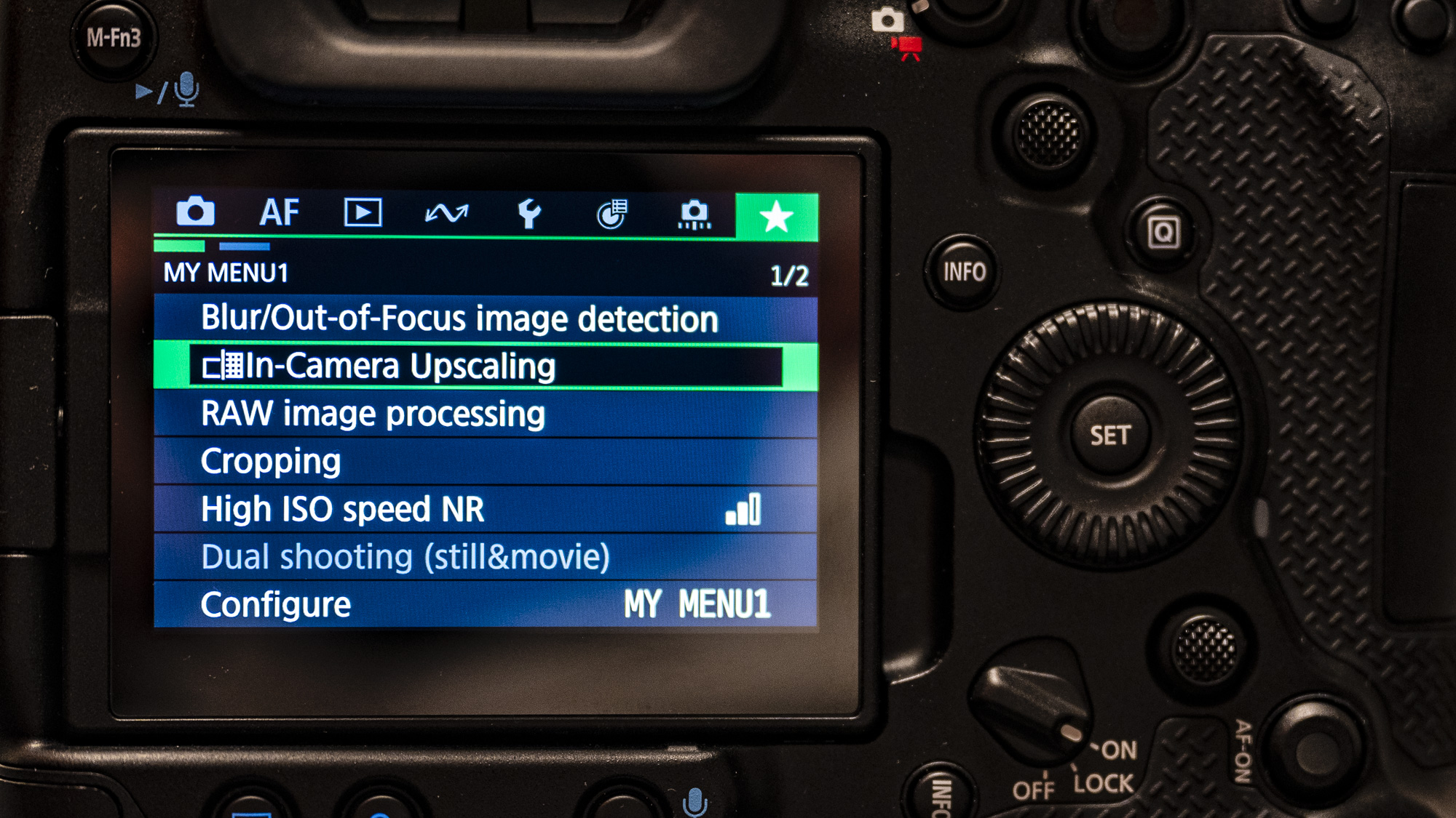 Canon EOS R1 screen with AI upscale option selected