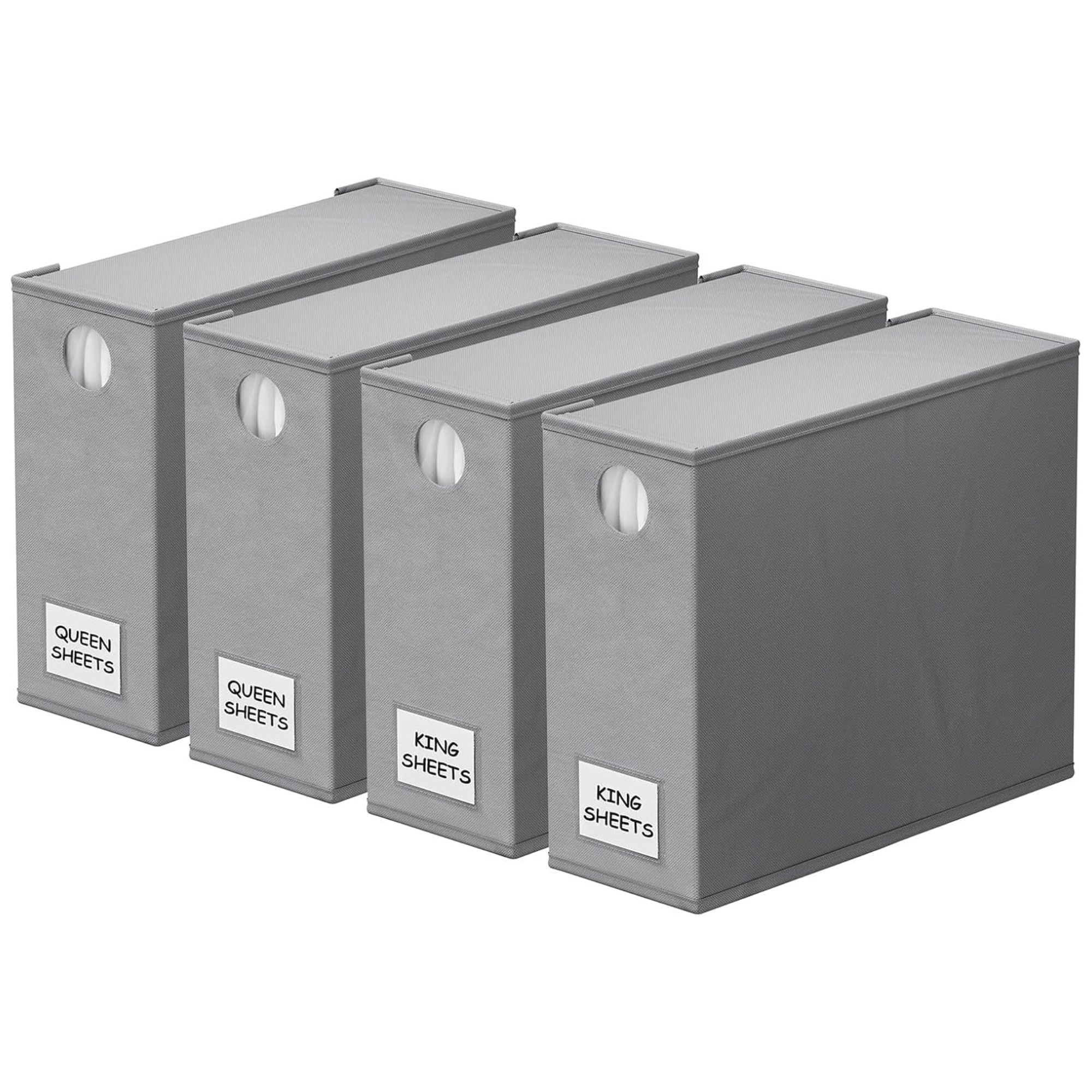 Grey box sheet organizers with white labels