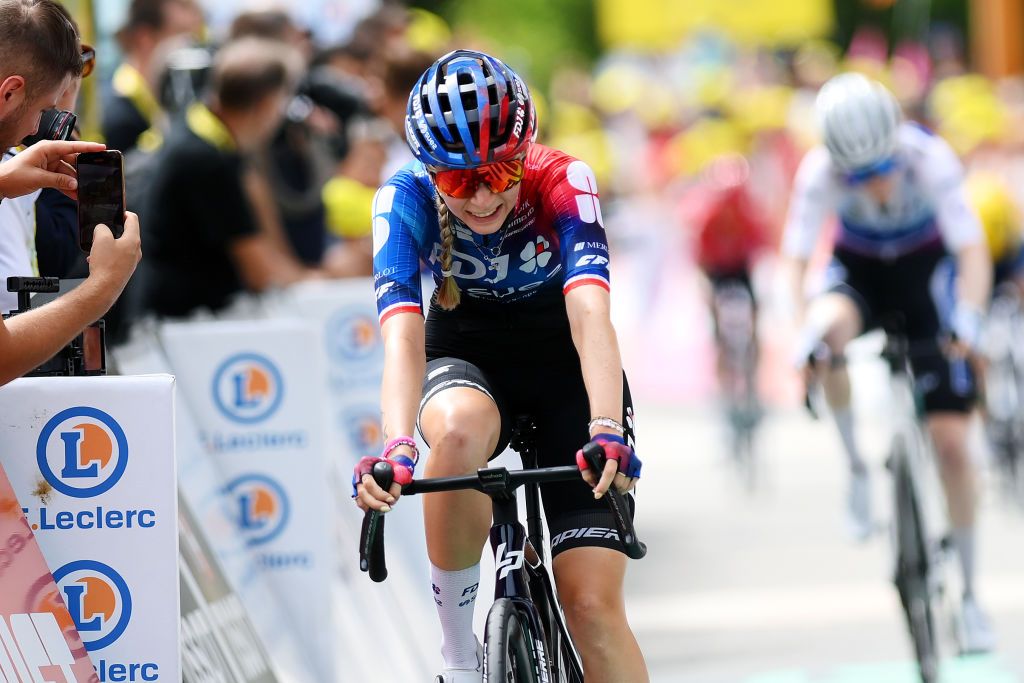 LE GRAND BORNAND FRANCE AUGUST 17 Evita Muzic of France and Team FDJ SUEZ crosses the finish line during the 3rd Tour de France Femmes 2024 Stage 7 a 1664km stage from Champagnole to Le Grand Bornand 1265m UCIWWT on August 17 2024 in Le Grand Bornand France Photo by Alex BroadwayGetty Images