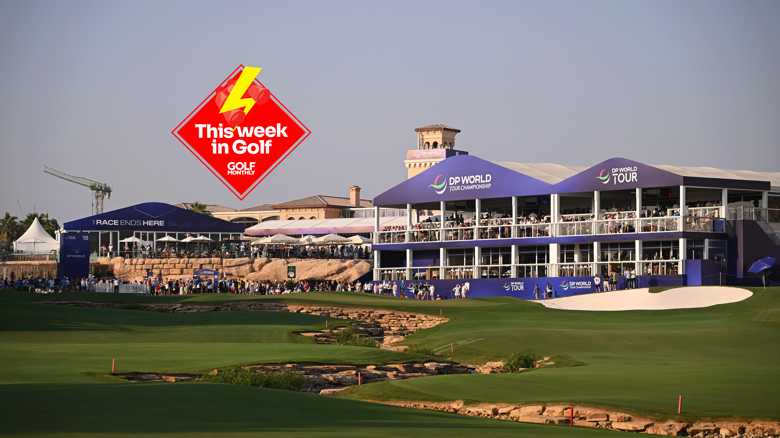 Main image of the 18th hole on Jumeirah Golf Estates' Earth Course with the This Week In Golf sticker in the top left