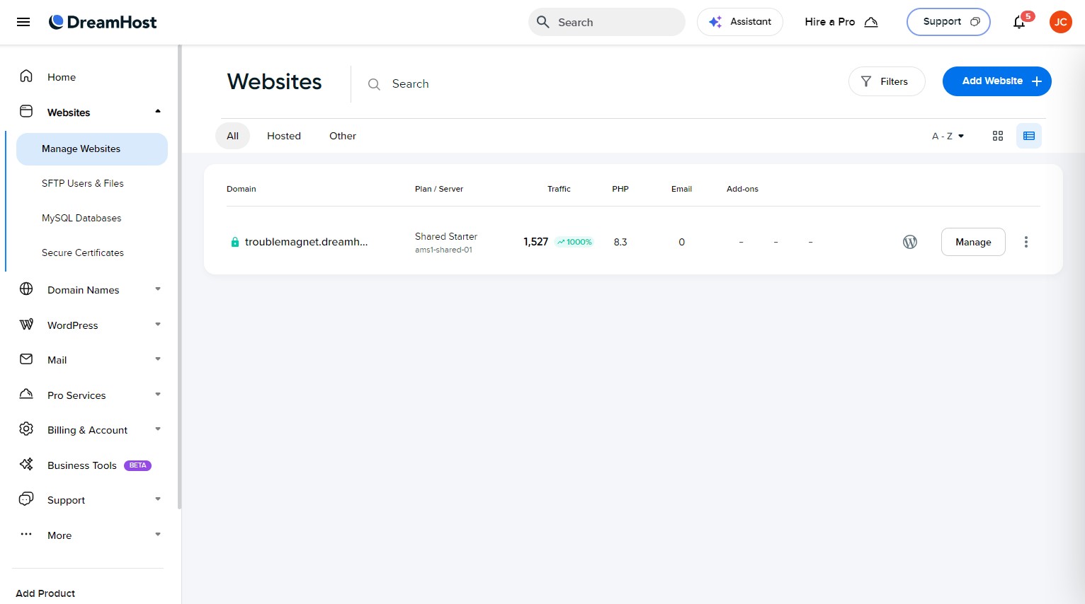 DreamHost main dashboard