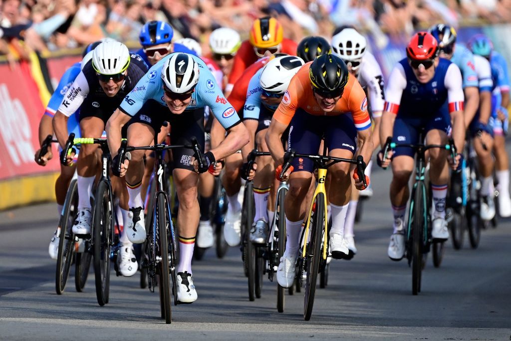 Belgian Tim Merlier sprints to win ahead of second Dutch Olav Kooij (R), third Estonian Madis Mihkels (L) and fourth Belgian Jasper Philipsen (C) at the Men's Elite Road Race at the European Championship 2024, in Hasselt, Sunday 15 September 2024. The UEC Road European Championships 2024 will take place from 11 to 15 september in Limburg, Belgium. BELGA PHOTO DIRK WAEM (Photo by DIRK WAEM / BELGA MAG / Belga via AFP)