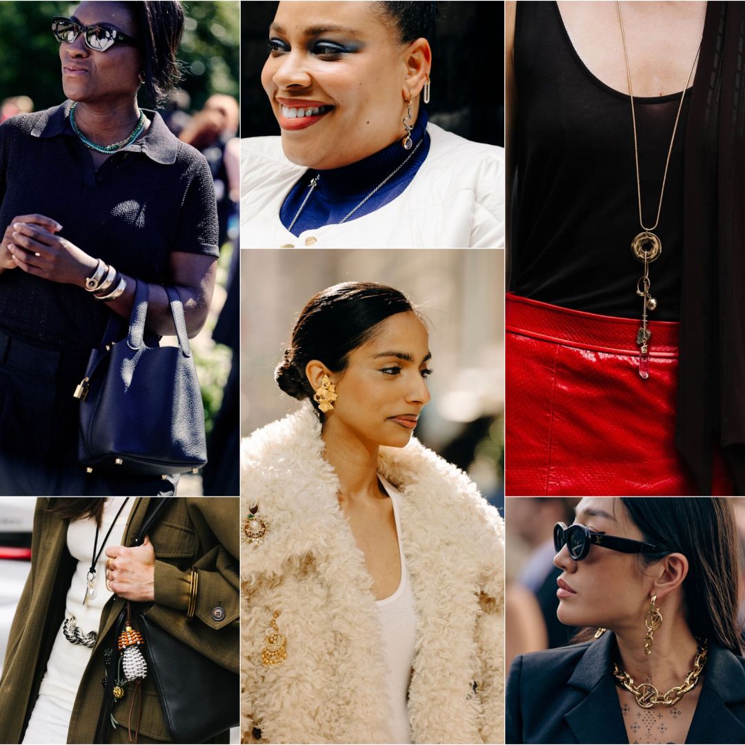 Best Jewelry Brands: A collage of women at fashion week wearing jewelry, including gold necklaces, gold earrings, silver pendant necklaces, and green stone necklaces.