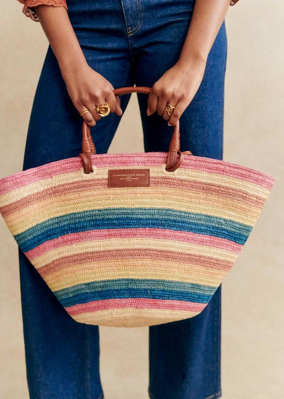 Justine Maxi Basket Bag - Raffia Pink/ Multi Rays - Raffia - Sézane