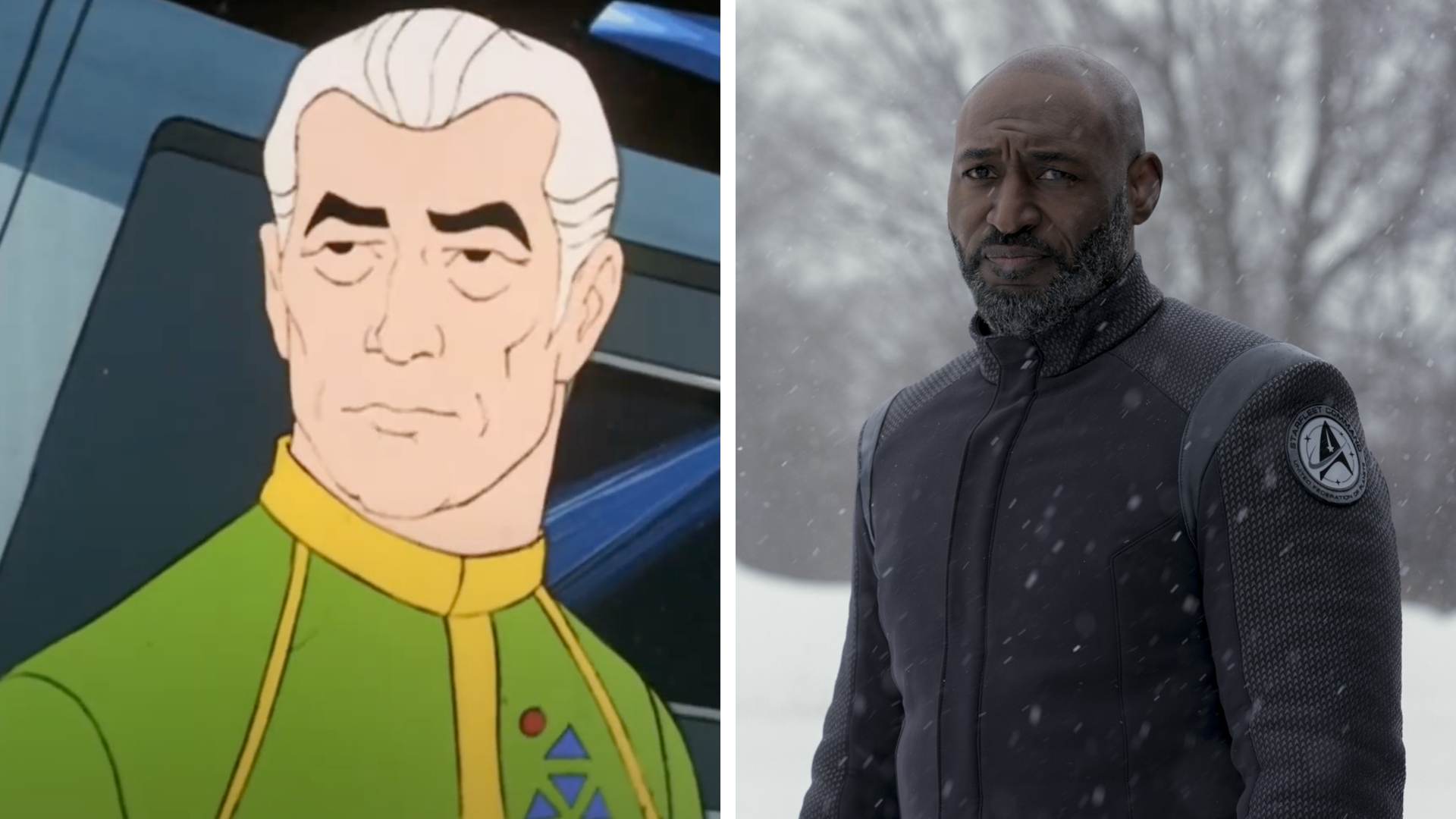Split image showing a cartoon version of Robert April - voiced by James Doohan - (Left) and Adrian Holmes (Right), who played Robert April in Star Trek: The Original Series and Star Trek: Strange New Worlds, respectively.