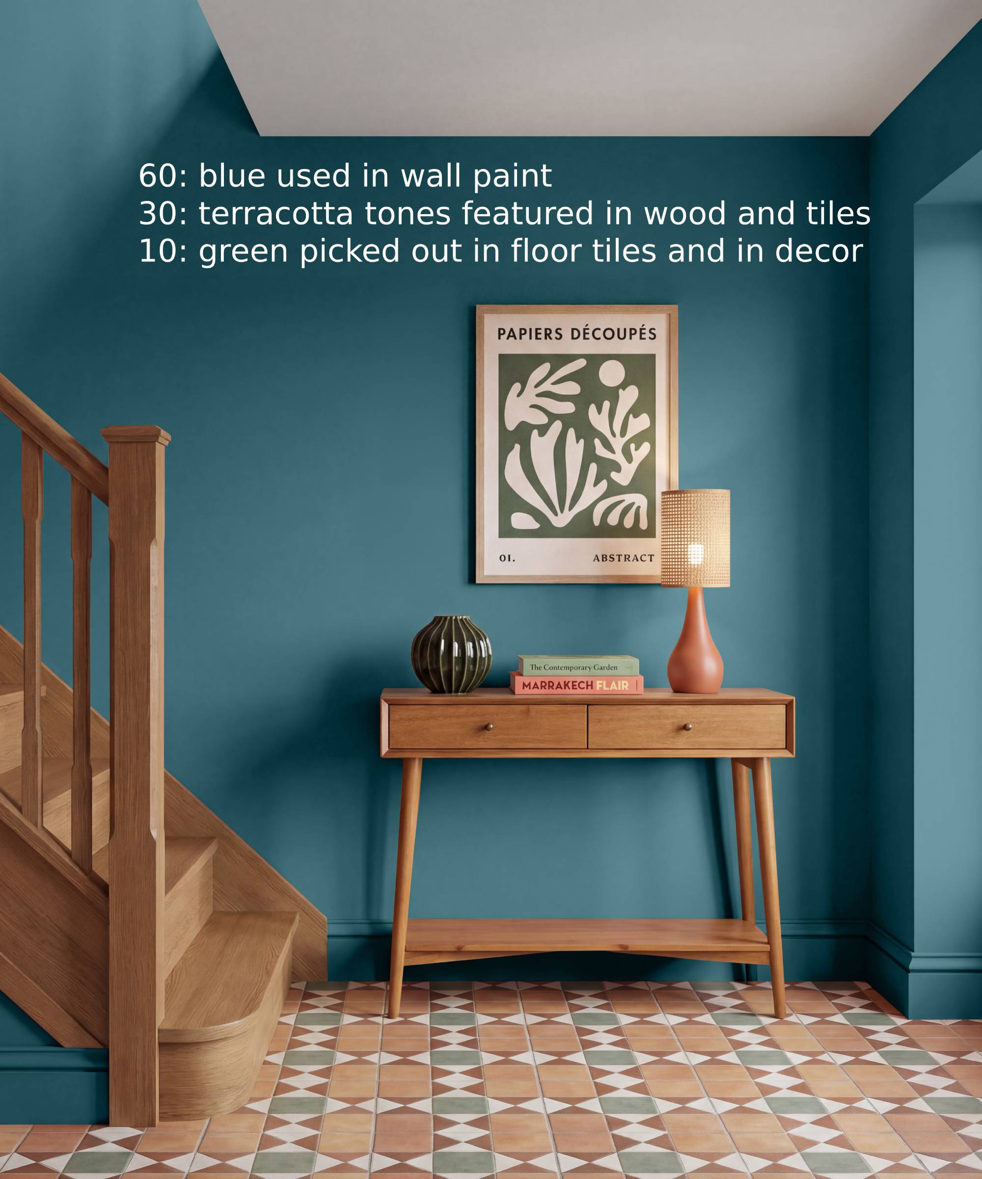 Hallway with blue walls, wooden staircase and console table, patterned floor tiles and artwork on the walls