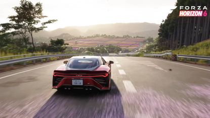 Forza Horizon 6 Toyota GR GT cover car driving towards coloured fields in the distance