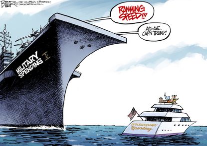Political Cartoon U.S. President Trump military spending destroys discretionary