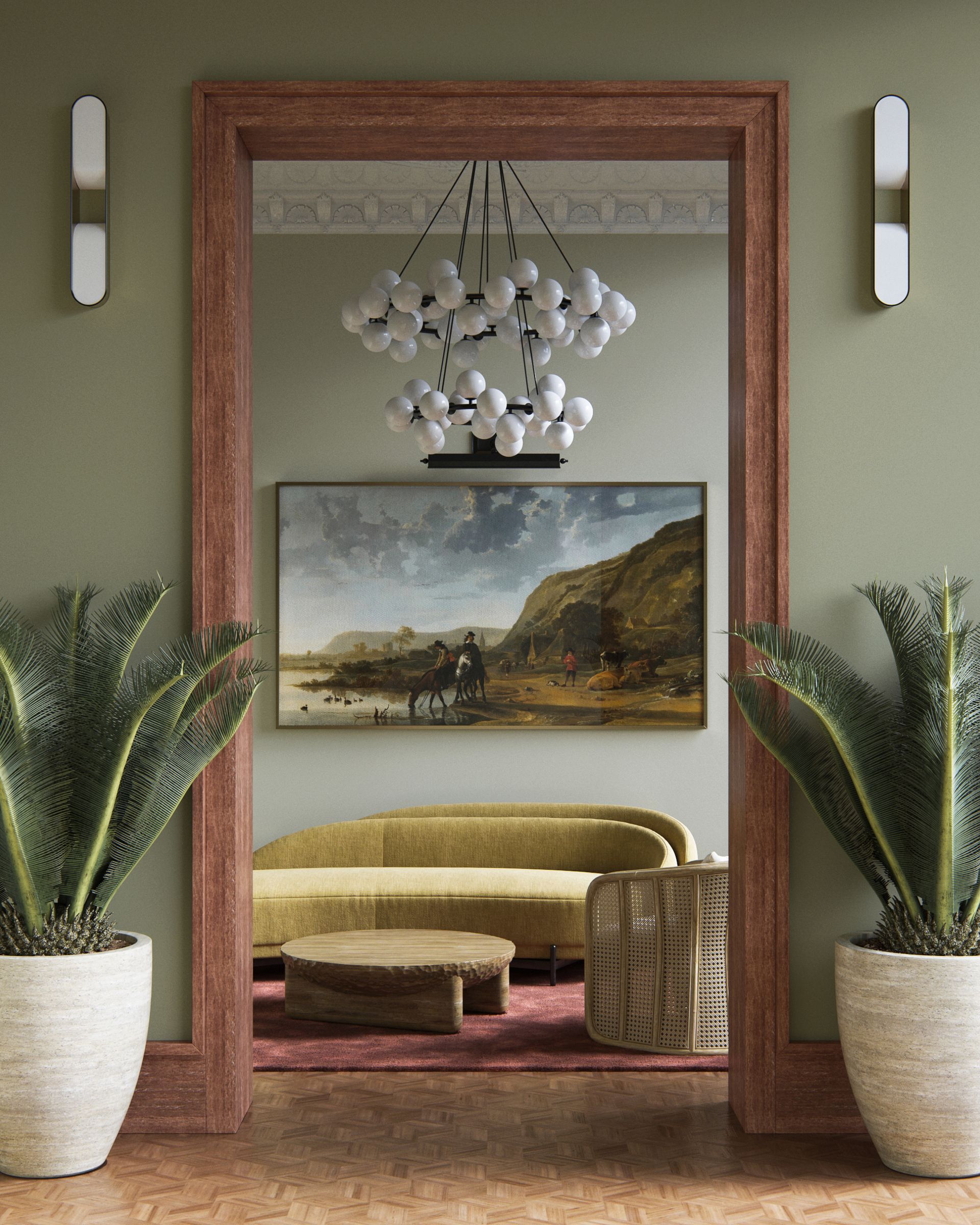 green living room with yellow sofa and parquet flooring