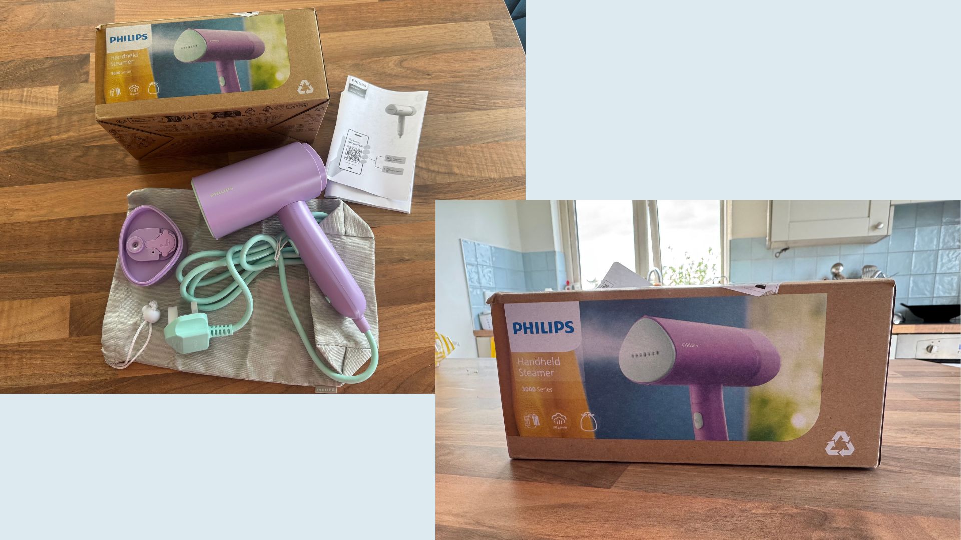Two images of the Philips clothes steamer in its packaging and immediately after unboxing