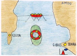 L. Alessandro Aldegheri’s temporary floating island. A drawing of a floating island in the sea between two pieces of land.