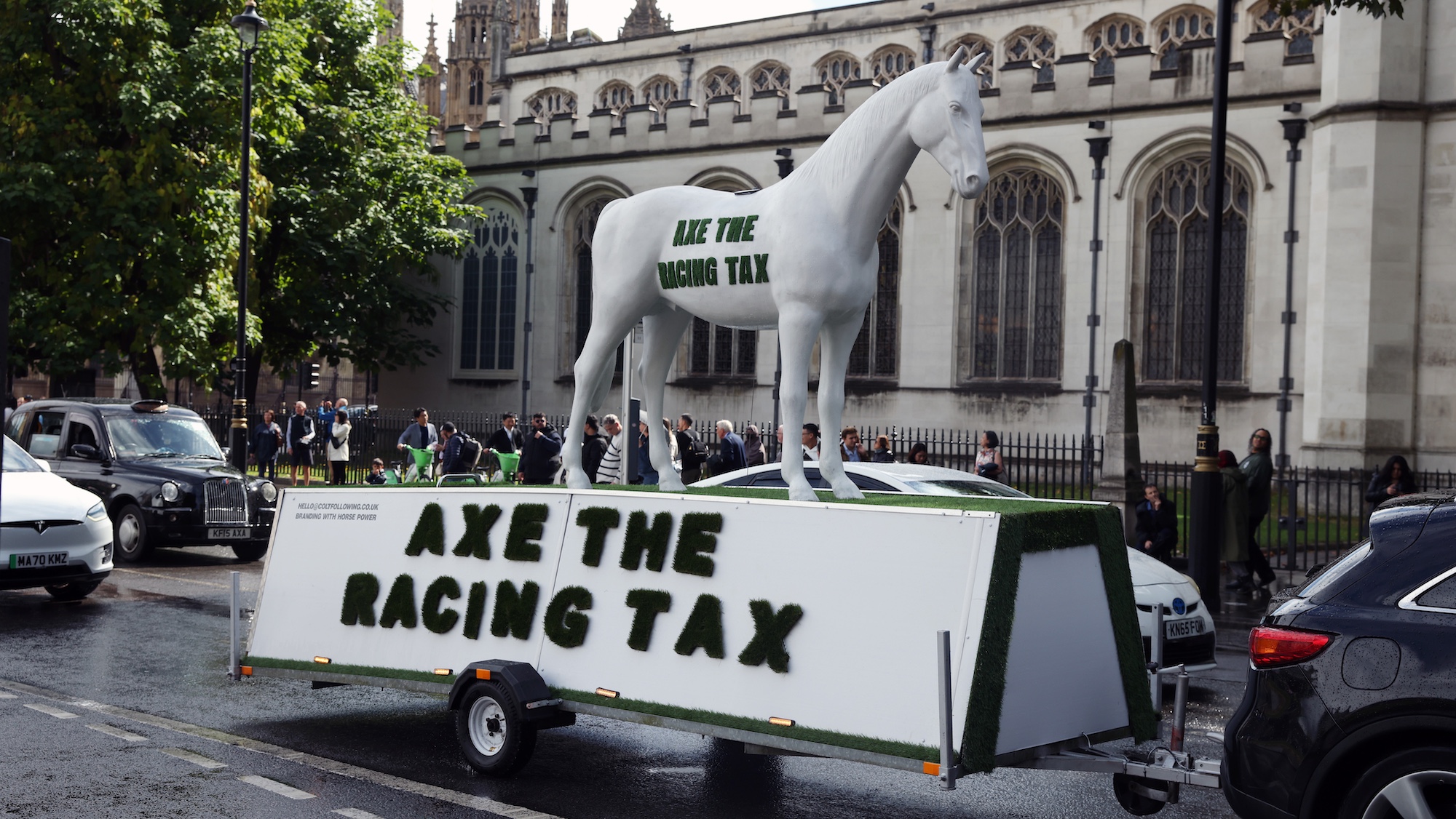 LONDON, ENGLAND - SEPTEMBER 10: A model race horse with the statement