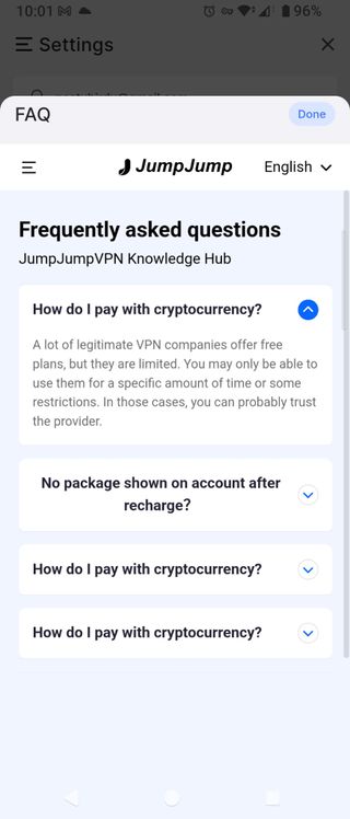 JumpJump VPN's FAQ page