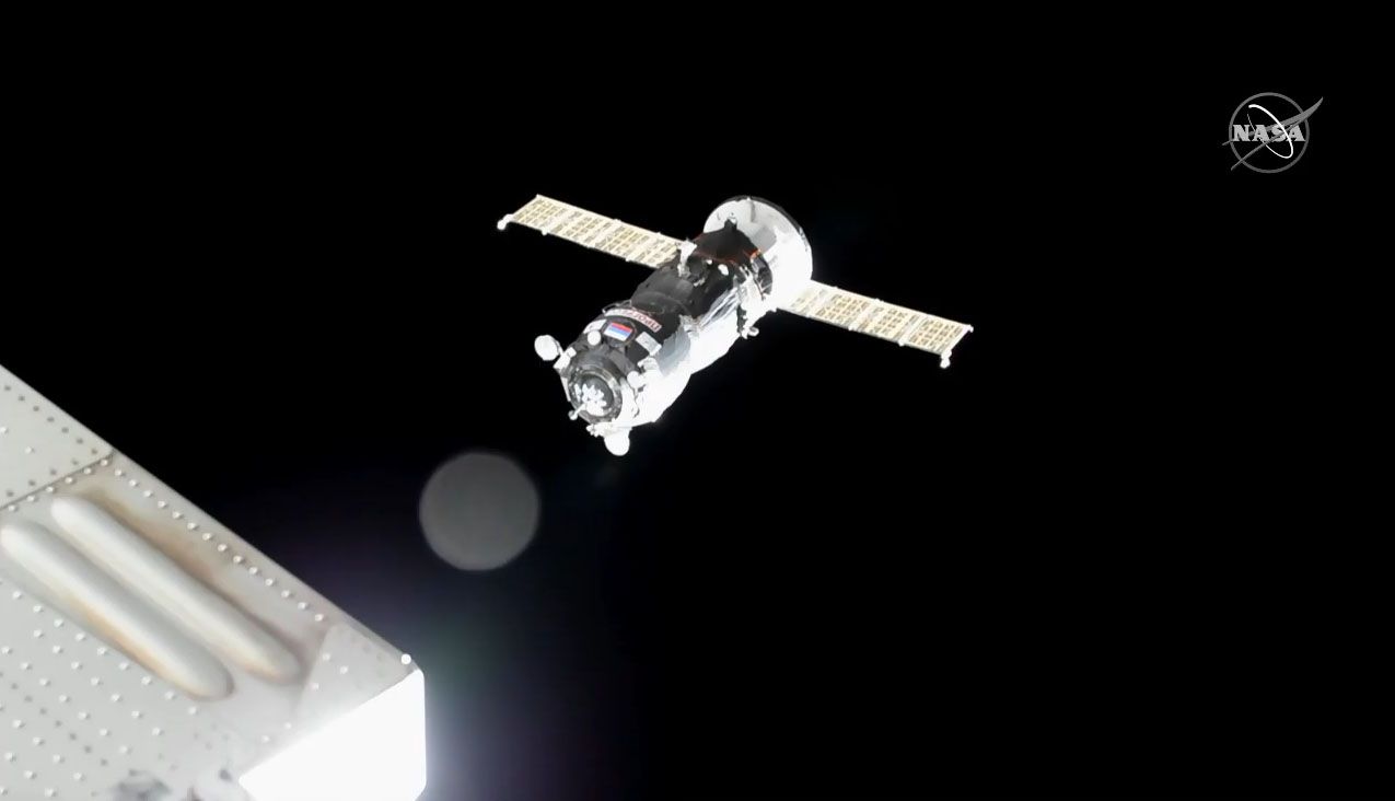 The Russian Progress 74 cargo ship is seen moments before docking at the International Space Station on Dec. 9, 2019 to deliver more than 2.5 tons of supplies for the outpost's Expedition 61 crew.
