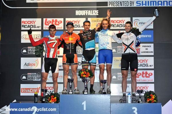 Elite men's eliminator podium: Severin Disch, Daniel Federspiel, Brian Lopes, Simon Gegenheimer, Paul van der Ploeg