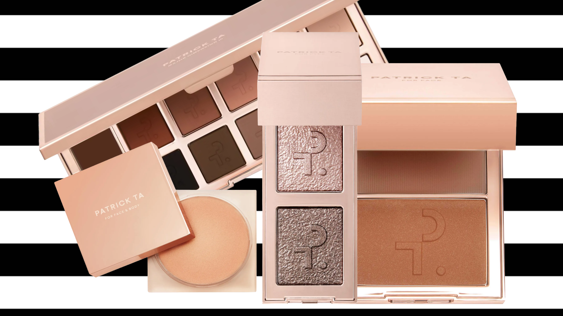 Patrick Ta products on a striped background. 