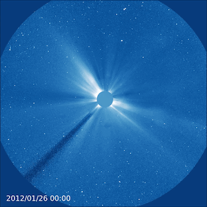 A sequence of powerful coronal mass ejections from the Sun, observed by the ESA/NASA Solar and Heliospheric Observatory (SOHO). The Sun is located behind the central masked circle.
