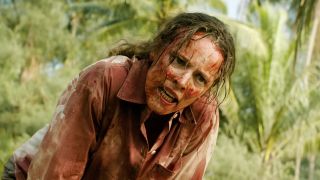 Rachel McAdams, covered in boars blood, in Sam Raimi's upcoming horror comedy Send Help (2026). 