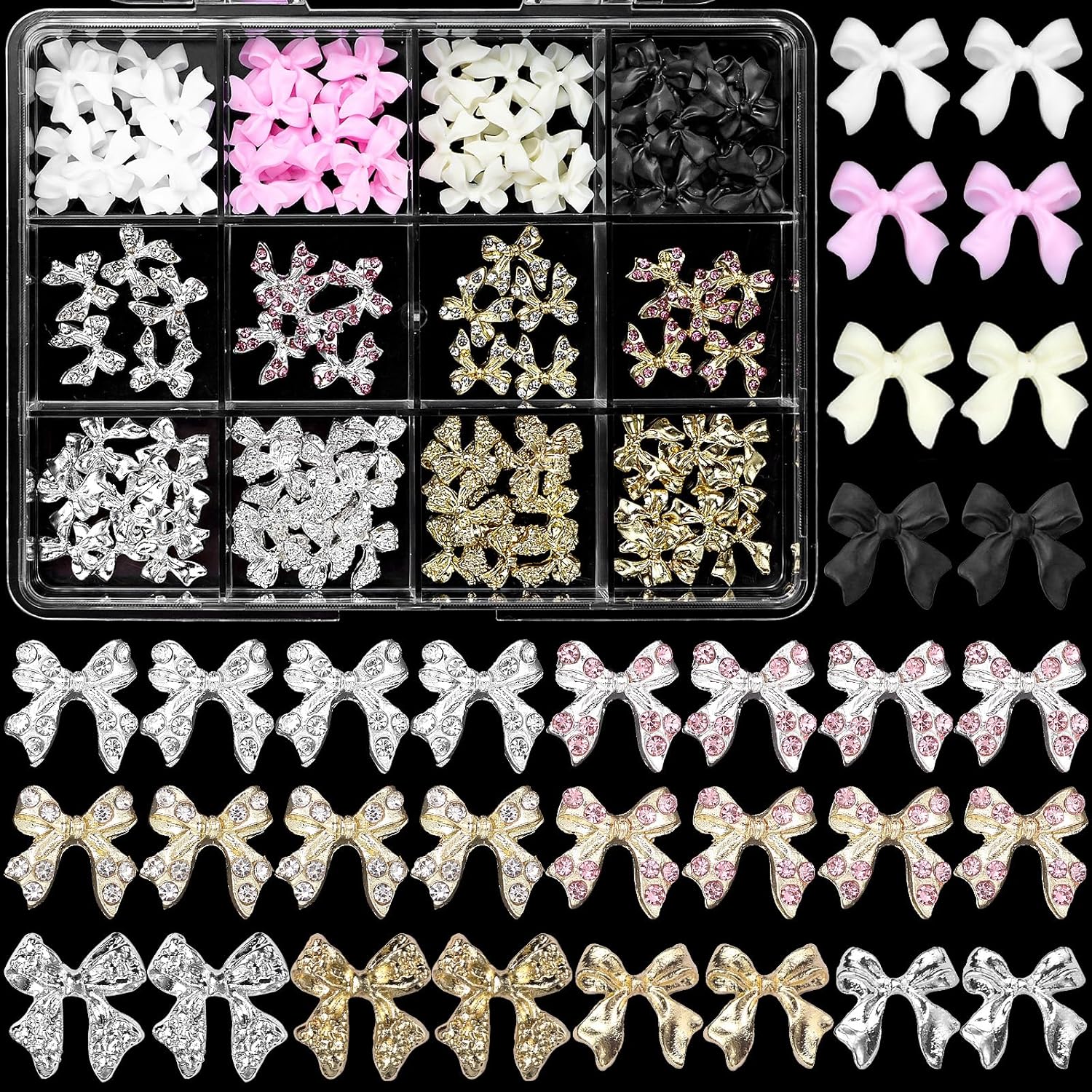 3d Bow Nail Charms and Gems, 60 Pcs Silver Gold Alloy Bowknot Nail Charms, 4 Colors Bows Acrylic Nail Art Charms Bows Nail Gems Charms for Nail Art Diy Decoration Accessories Crafts