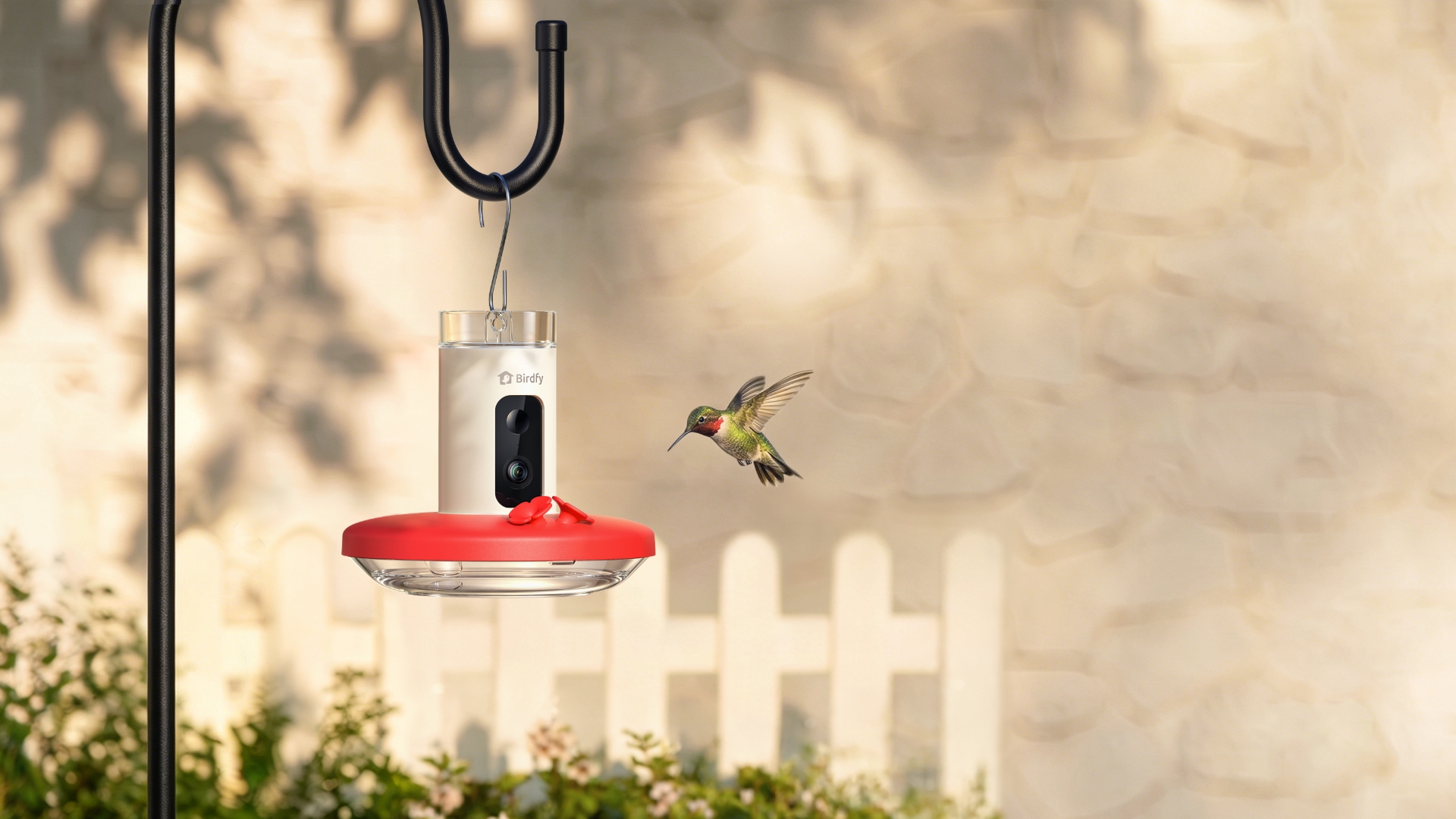 A hummingbird at a Birdfy smart birding device