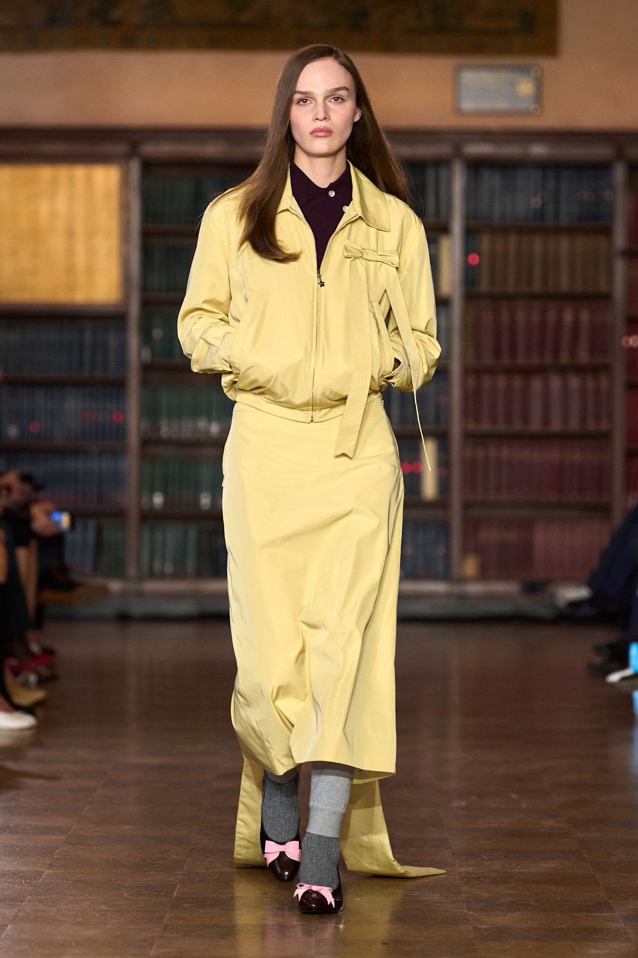 models walk the Sandy Liang Fall 2026 fashion show runway wearing slipper shoes
